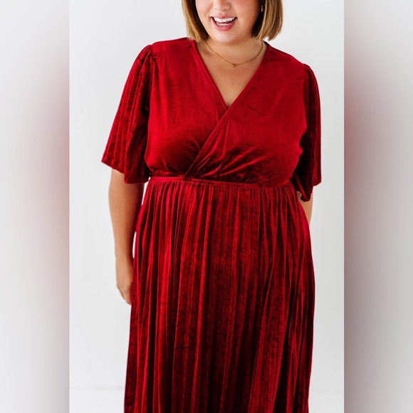NWT Noelle Red Velvet Midi Dress | Pleated, V-Neck, A-Line | Women’s Plus 2X - Picture 4 of 16